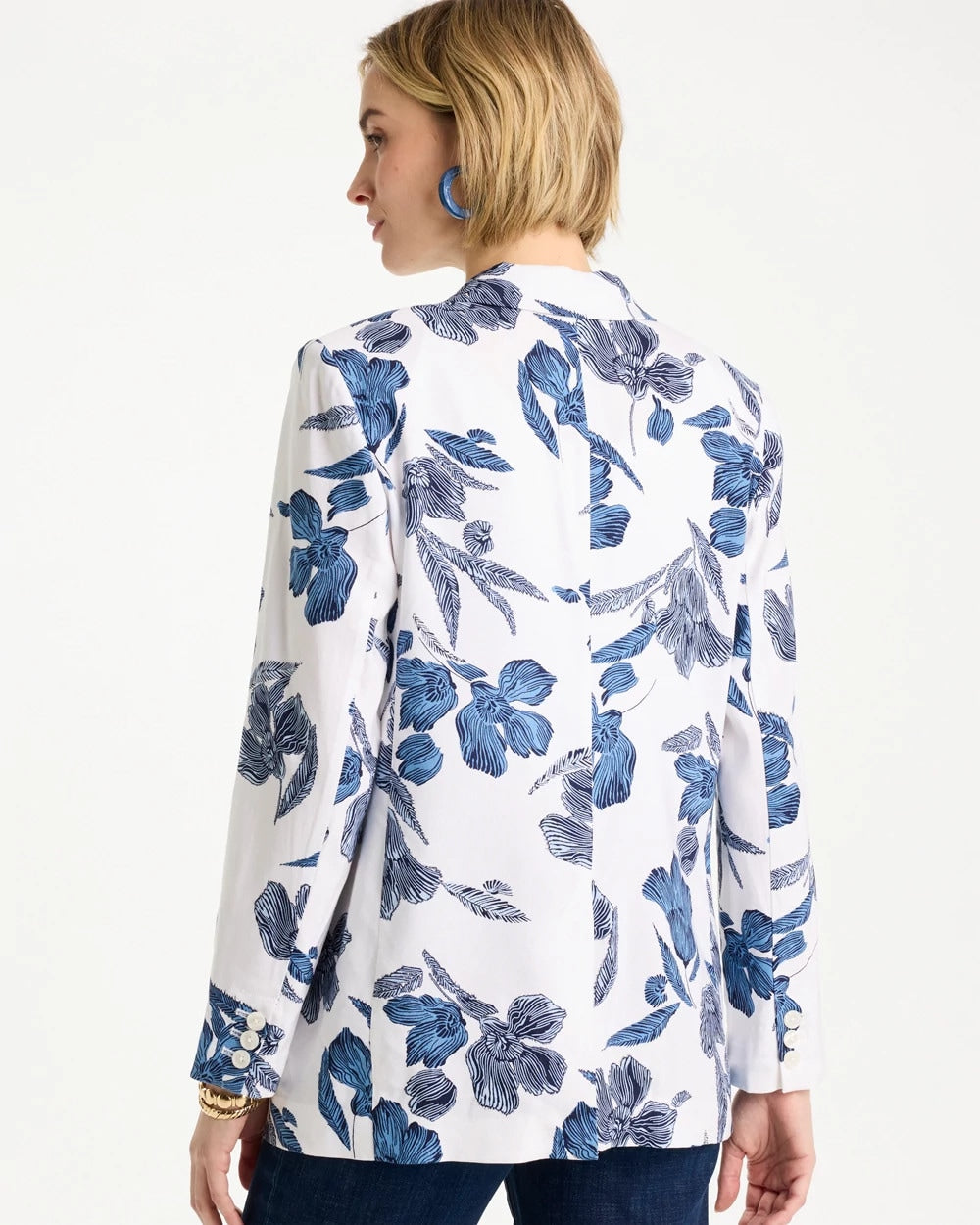 Chico's Linen Printed Piped Boyfriend Blazer