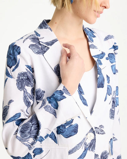 Chico's Linen Printed Piped Boyfriend Blazer