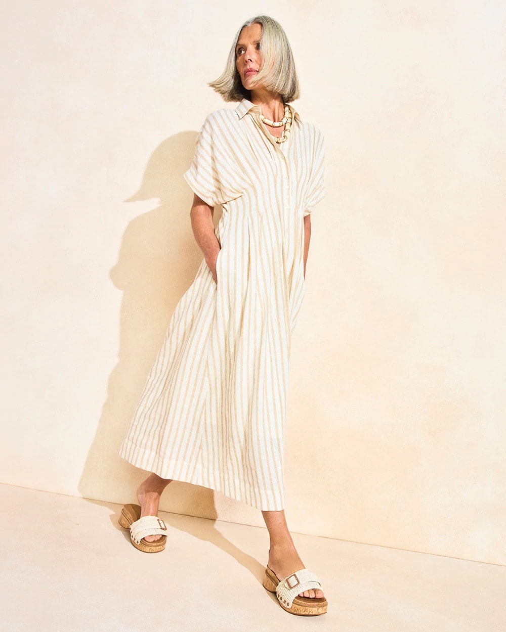 Chico's Linen-Blend Metallic Striped Dress