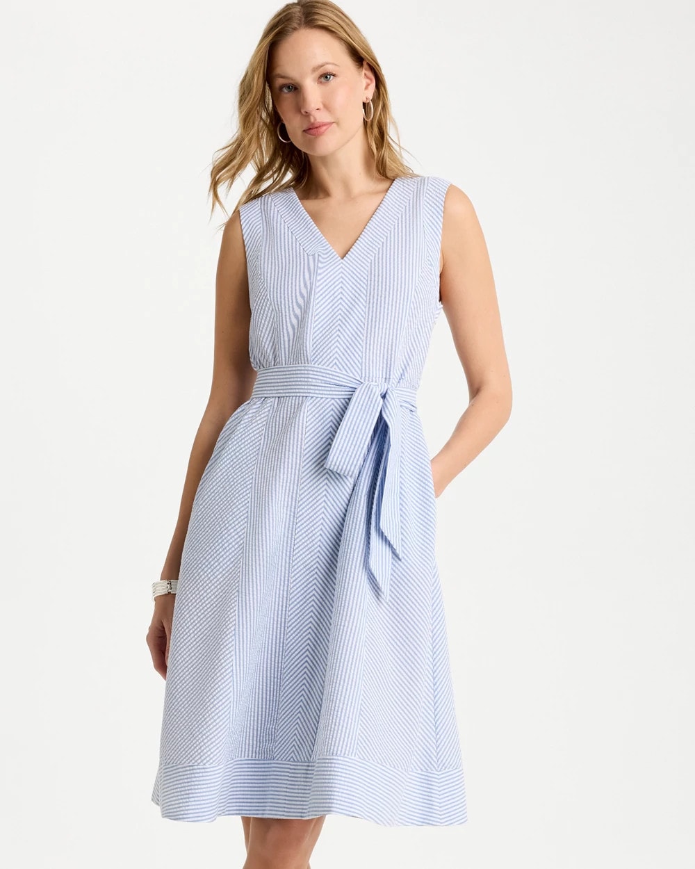 Chico's Seersucker V-Neck Sleeveless Dress