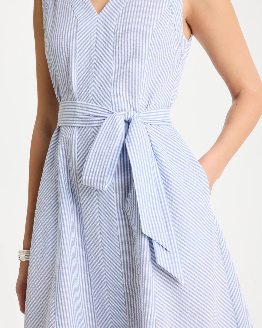 Chico's Seersucker V-Neck Sleeveless Dress