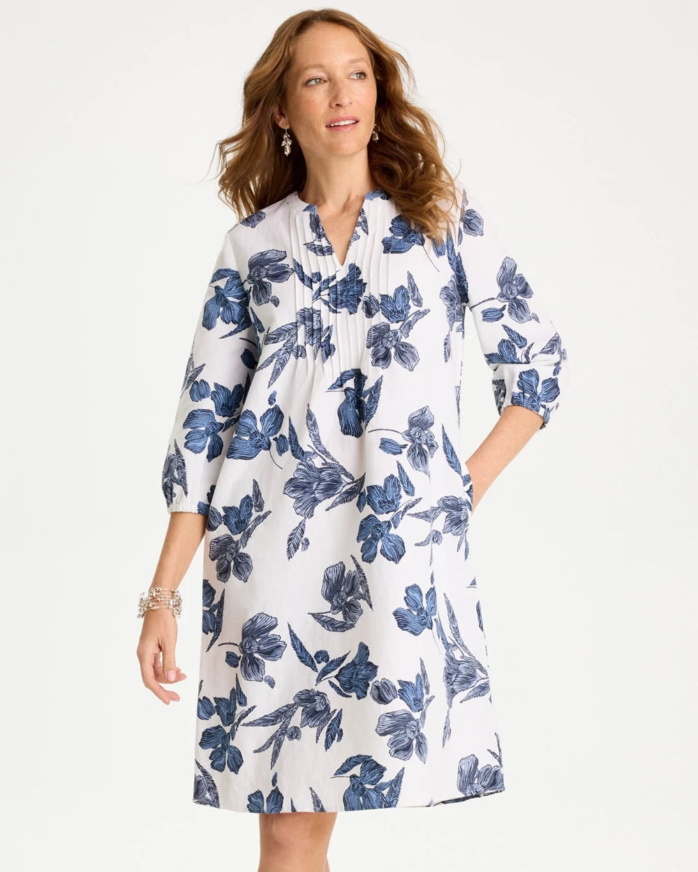 Chico's Floral Linen-Cotton Pintuck Dress