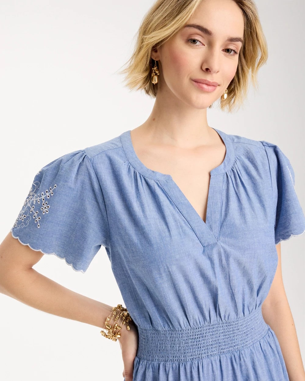 Chico's Chambray Embroidered Dress