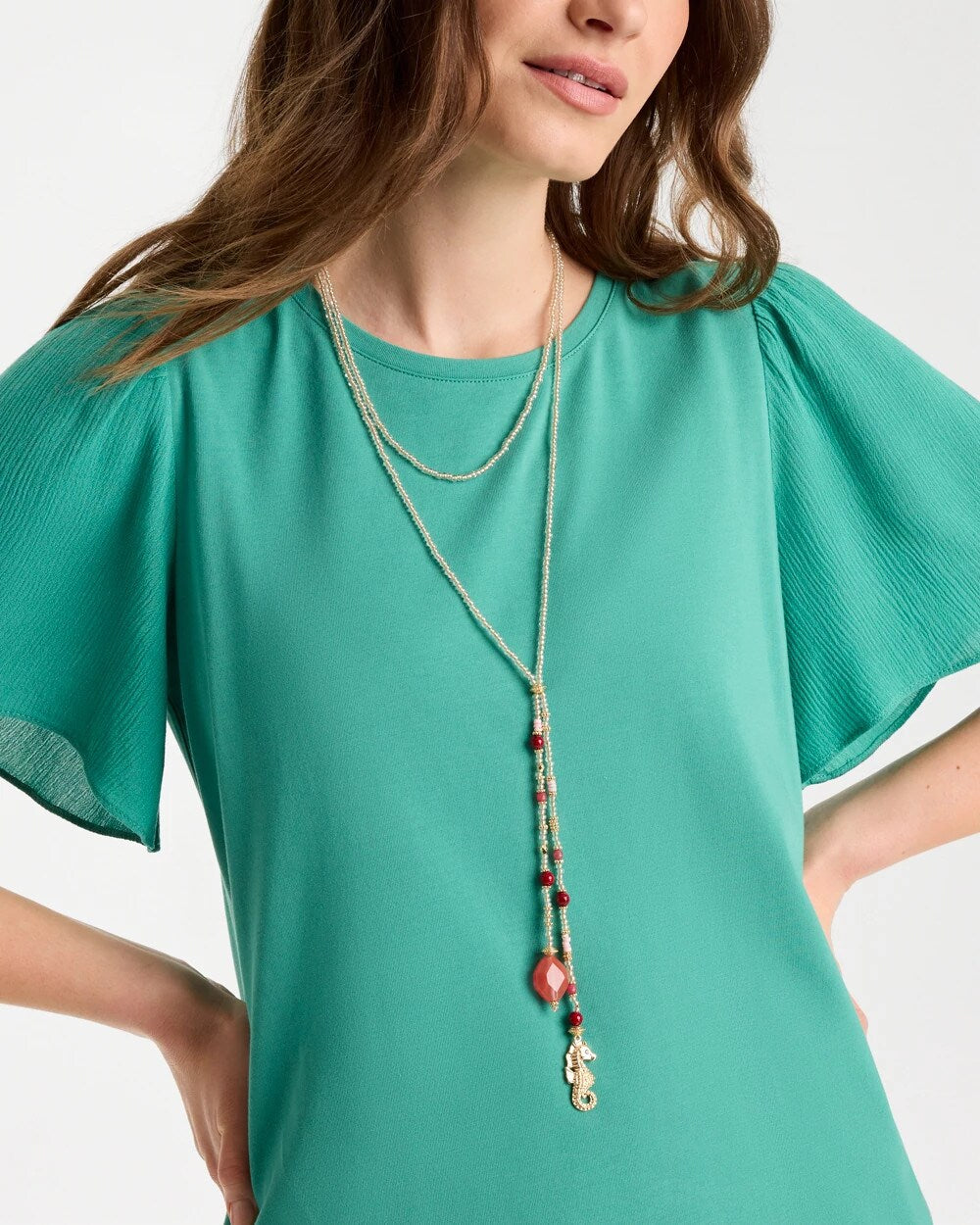 Chico's Coral Genuine Stone Y-Pendant Necklace