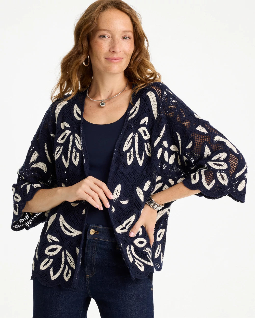 Chico's Woven Crochet Lace Contrast Kimono