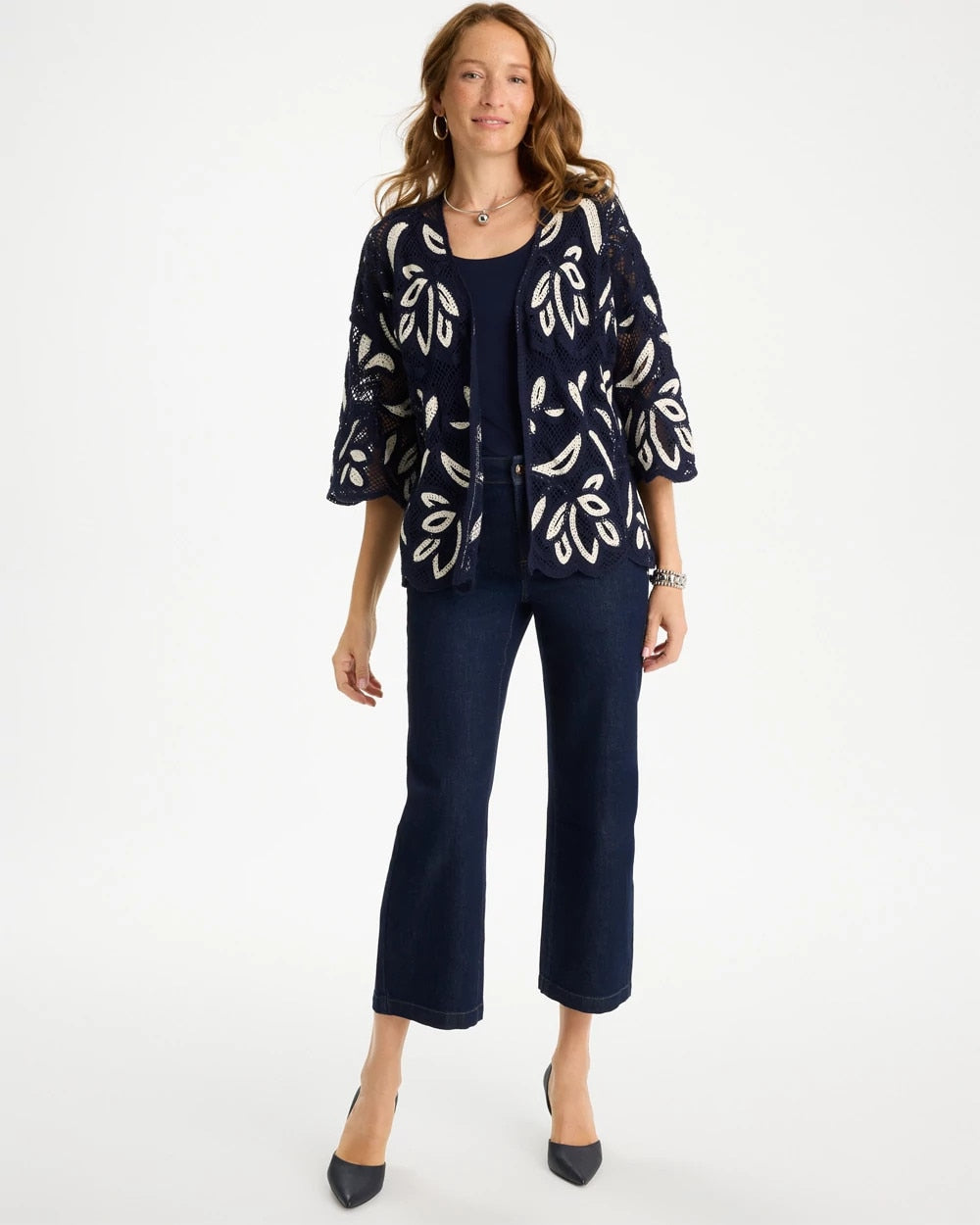 Chico's Woven Crochet Lace Contrast Kimono