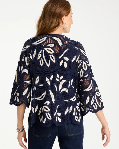 Chico's Woven Crochet Lace Contrast Kimono