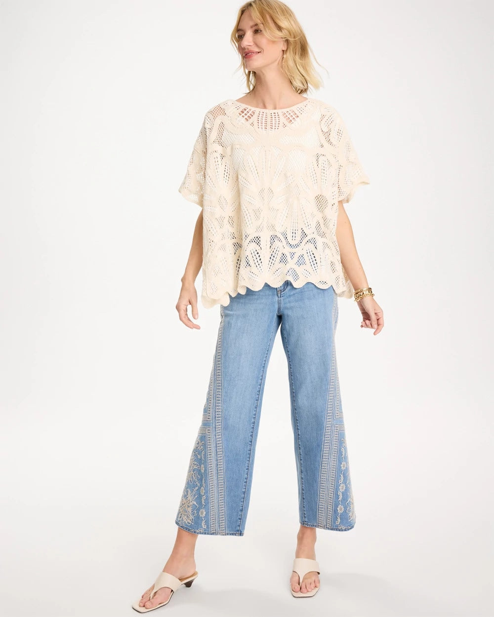 Chico's Woven Cotton-Blend Crochet Lace Poncho