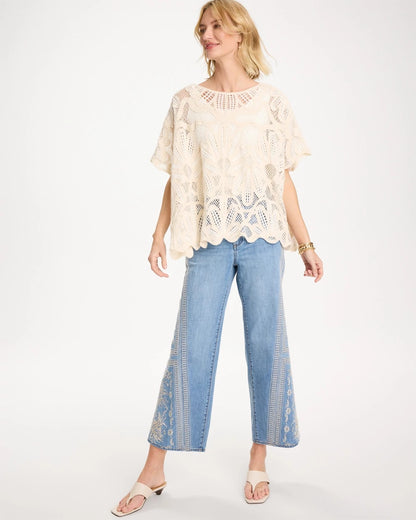 Chico's Woven Cotton-Blend Crochet Lace Poncho