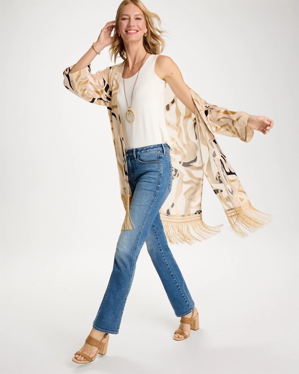 Chico's Woven Long Fringed Kimono