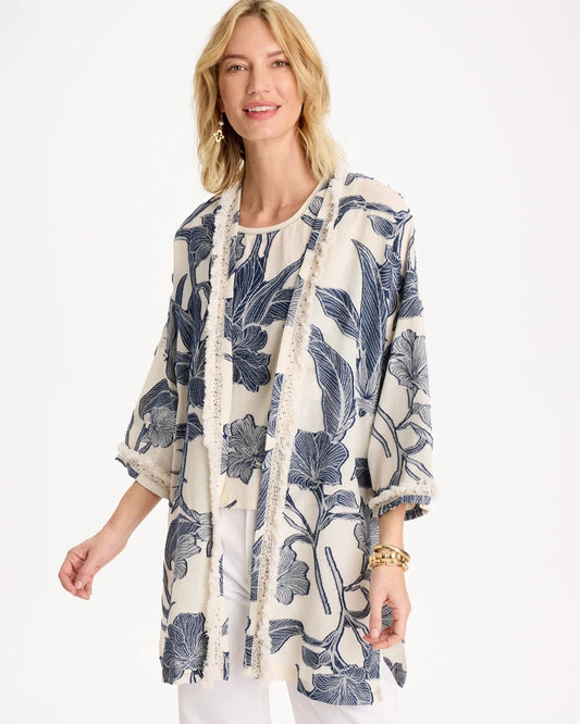 Chico's Cotton Jacquard Fringed Kimono