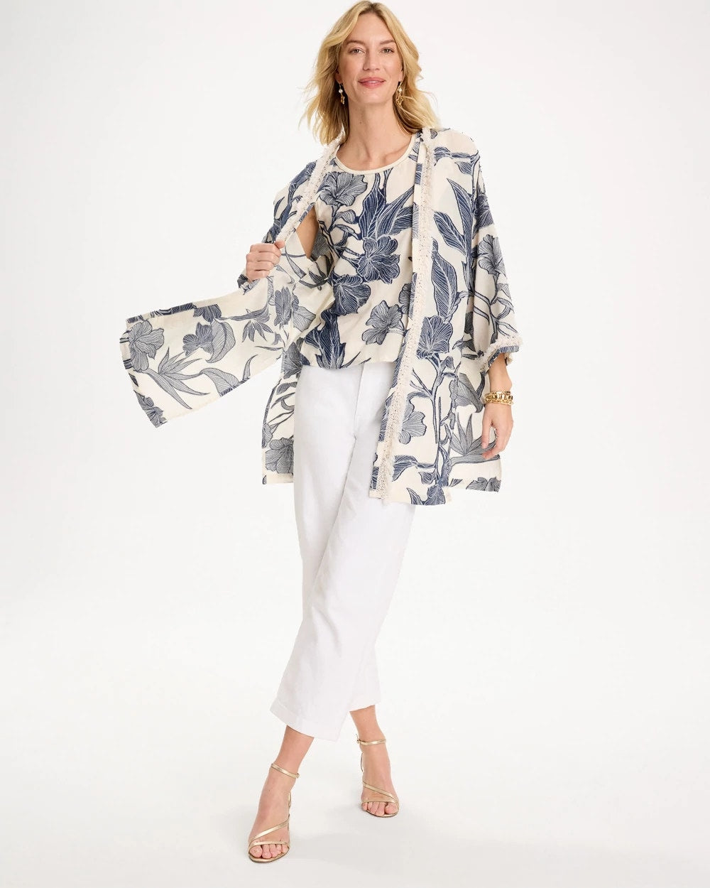Chico's Cotton Jacquard Fringed Kimono