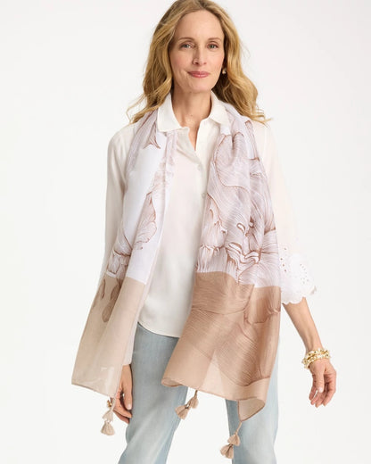 Chico's Neutral Floral Tassel Oblong Scarf
