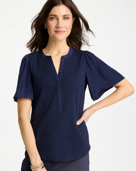 Chico's Rib Knit Woven Flutter Sleeve Tee