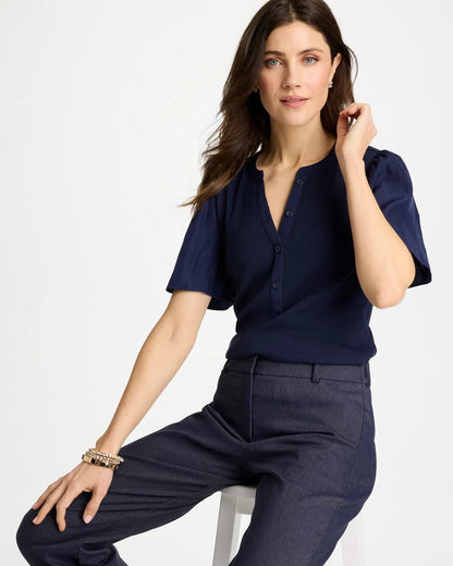 Chico's Rib Knit Woven Flutter Sleeve Tee