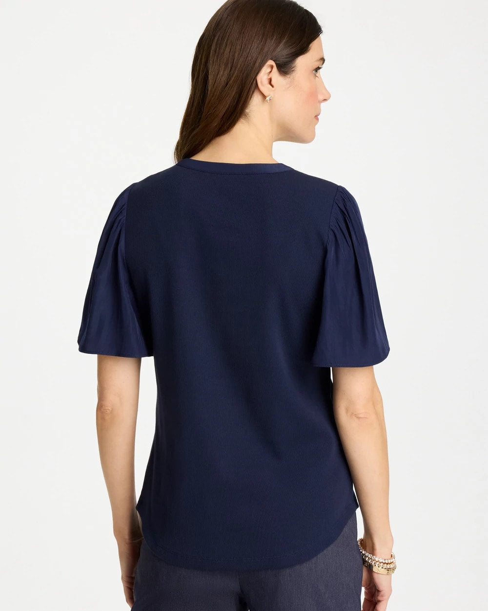 Chico's Rib Knit Woven Flutter Sleeve Tee