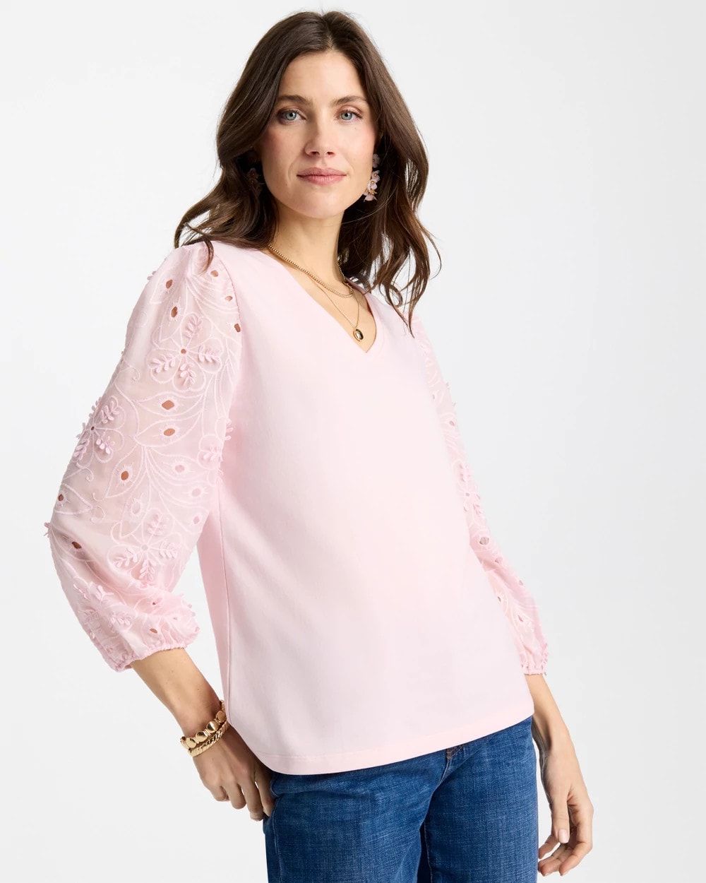 Chico's Floral Eyelet Sleeve Tee