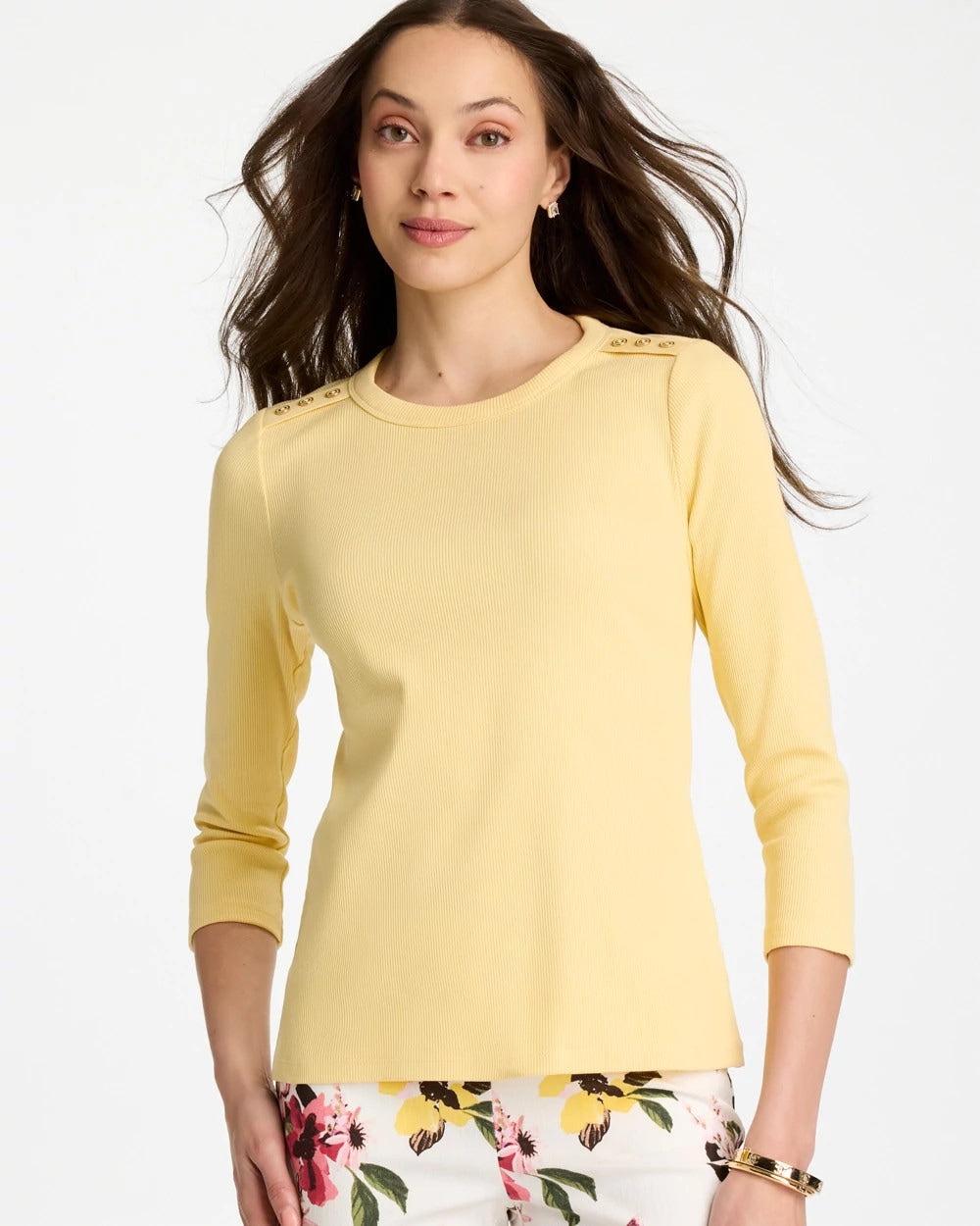 Chico's Ribbed Button Crewneck Tee