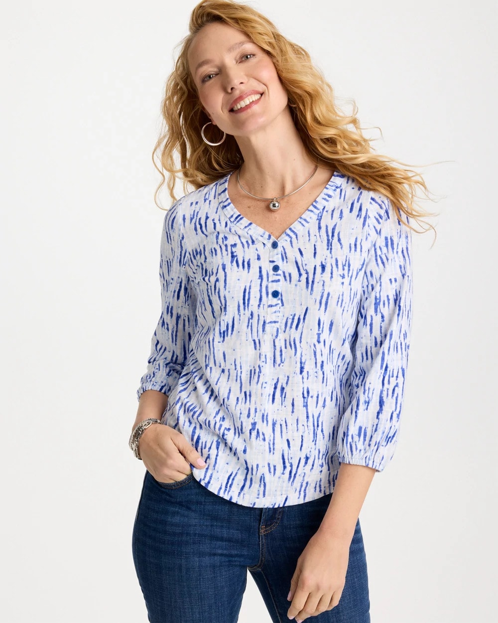 Chico's Printed Puff Sleeve Slub Henley