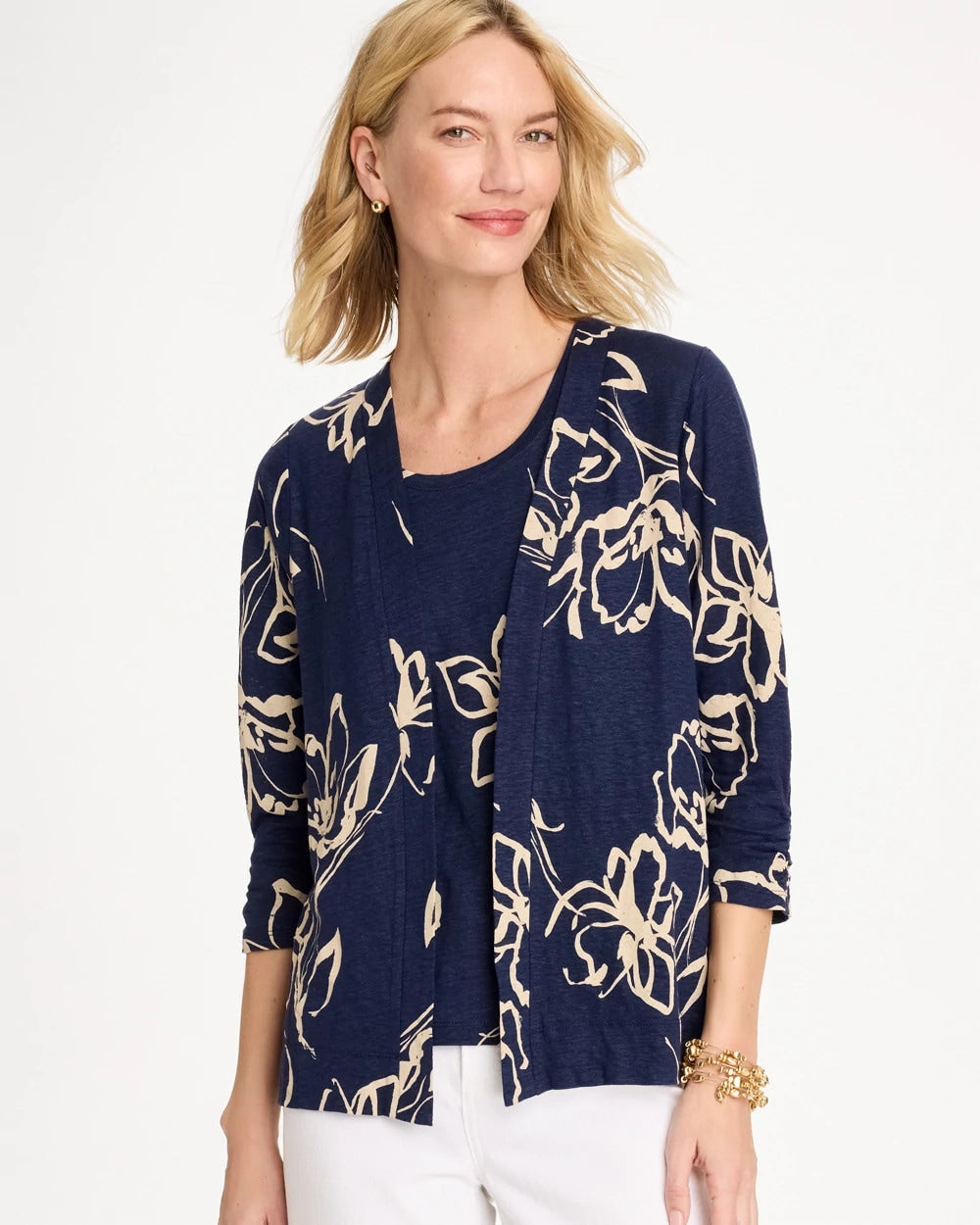 Chico's Floral Linen Open Front Cardigan
