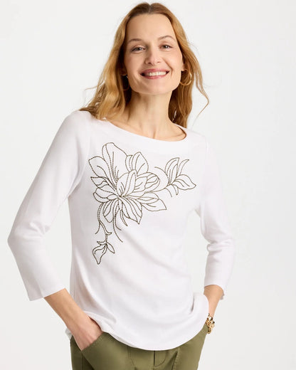 Chico's Embroidered Pima 3/4 Sleeve Tee