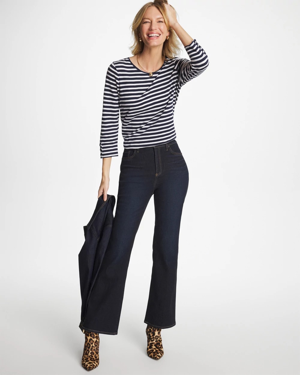 Chico's Striped Cotton Slub 3/4 Sleeve Button Tee