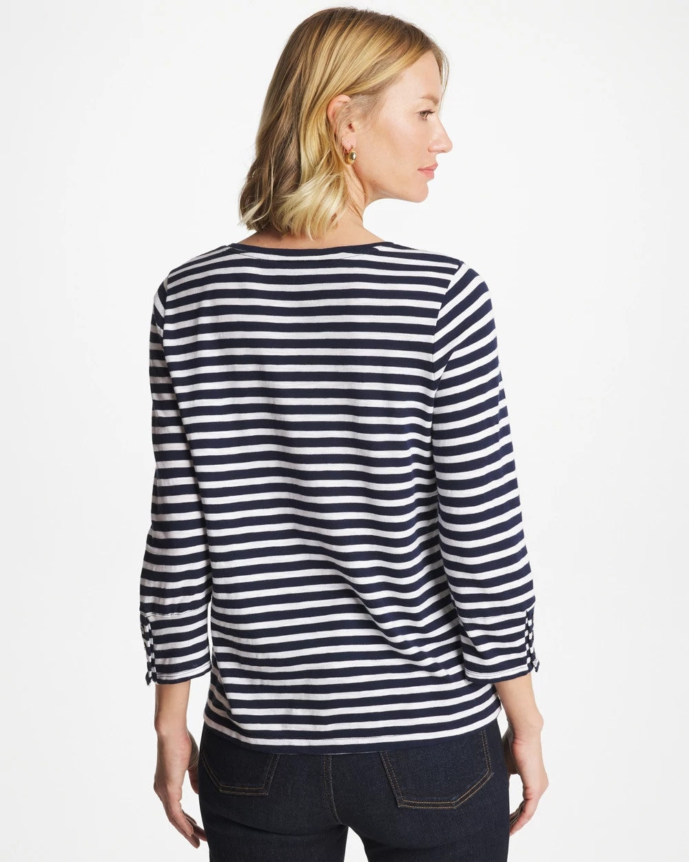 Chico's Striped Cotton Slub 3/4 Sleeve Button Tee