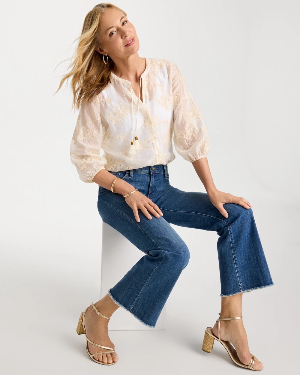 Chico's Embroidered Tassel Tie-Front Top