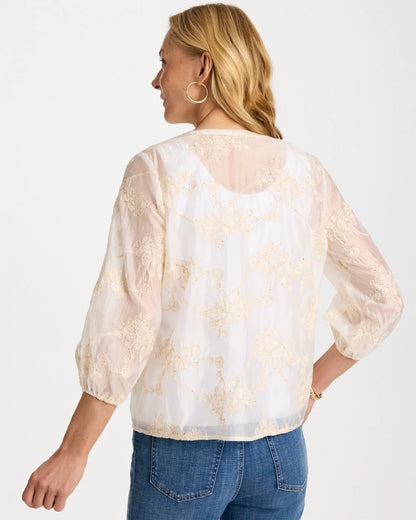 Chico's Embroidered Tassel Tie-Front Top