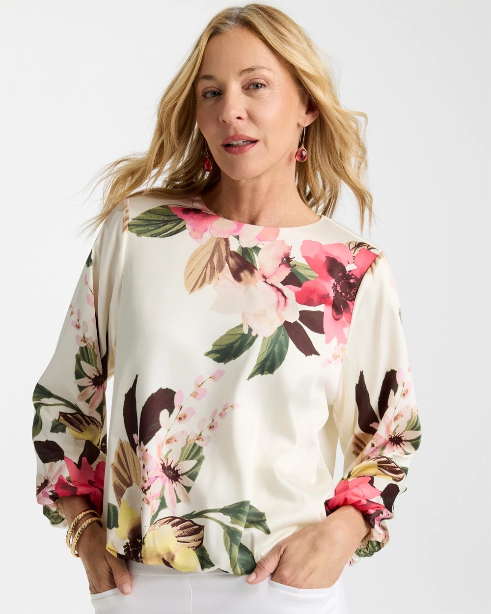 Chico's Crewneck Satin Bubble Hem Top
