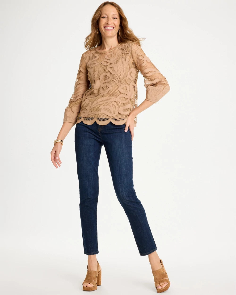 Chico's Floral-Motif Mesh 3/4 Sleeve Top