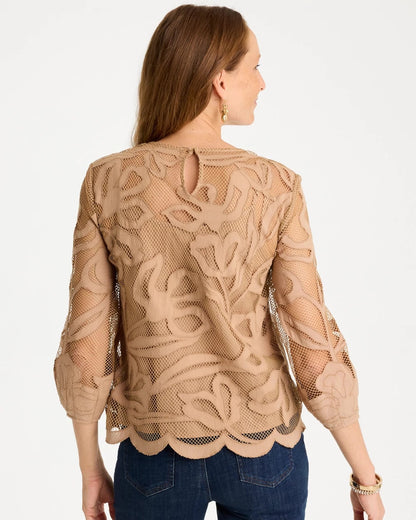 Chico's Floral-Motif Mesh 3/4 Sleeve Top