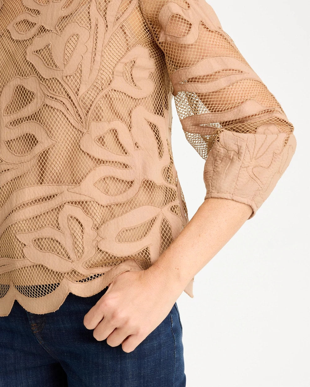 Chico's Floral-Motif Mesh 3/4 Sleeve Top