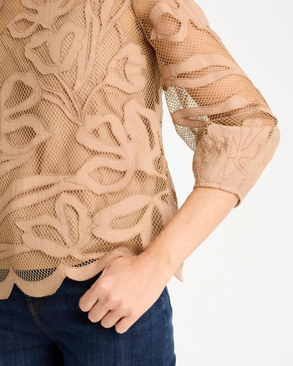 Chico's Floral-Motif Mesh 3/4 Sleeve Top