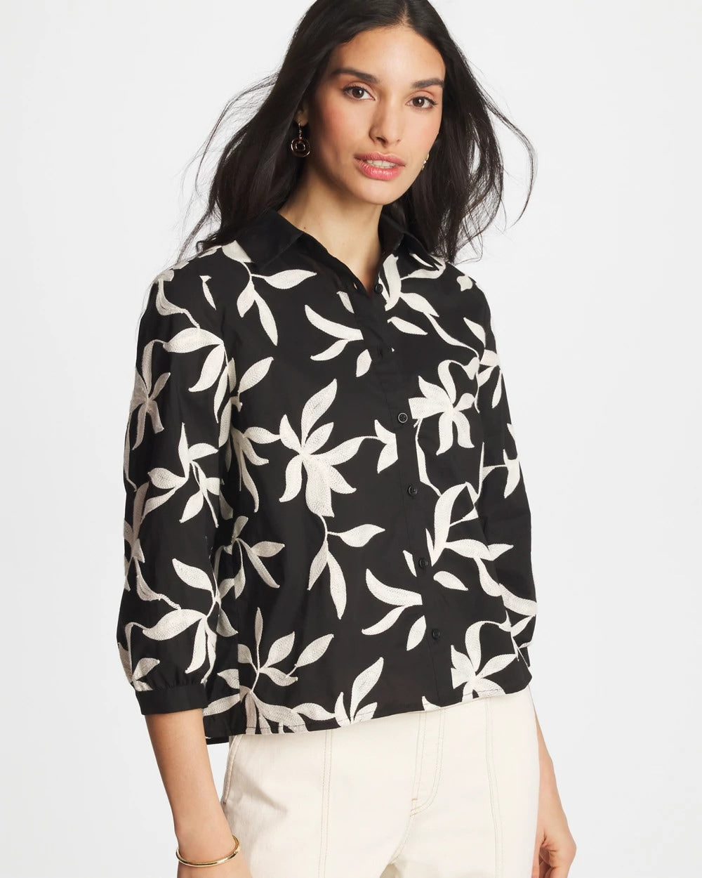 Chico's Embroidered Cropped Collared Shirt
