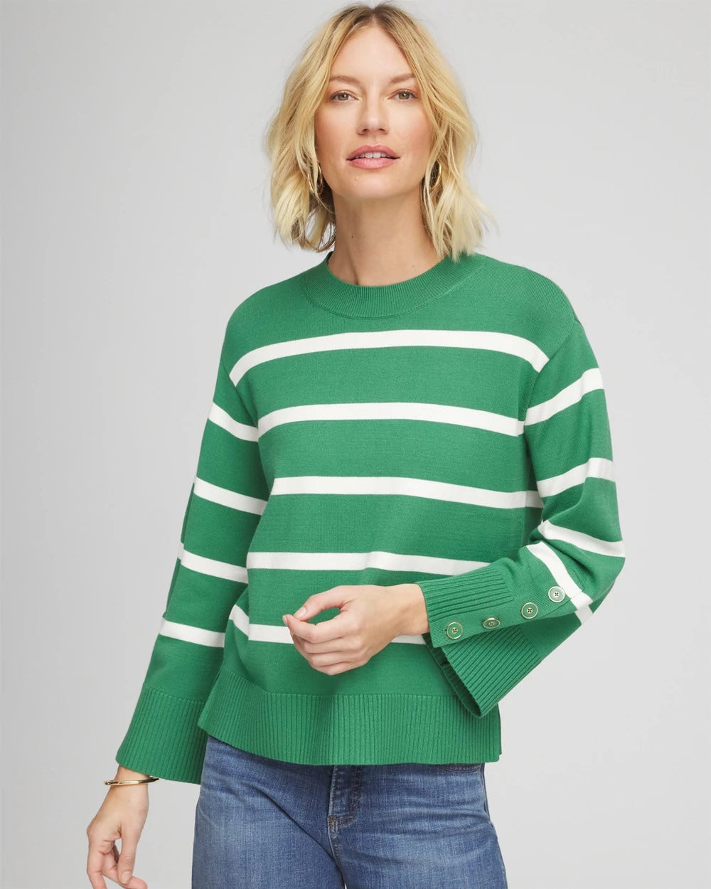Chico's Striped Button Sleeve Crewneck Pullover Sweater