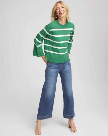 Chico's Striped Button Sleeve Crewneck Pullover Sweater
