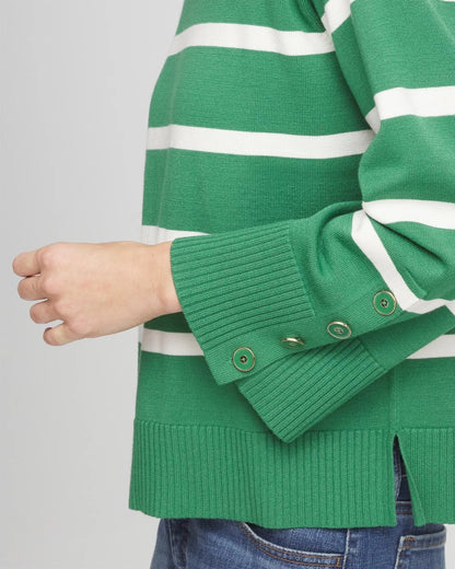 Chico's Striped Button Sleeve Crewneck Pullover Sweater