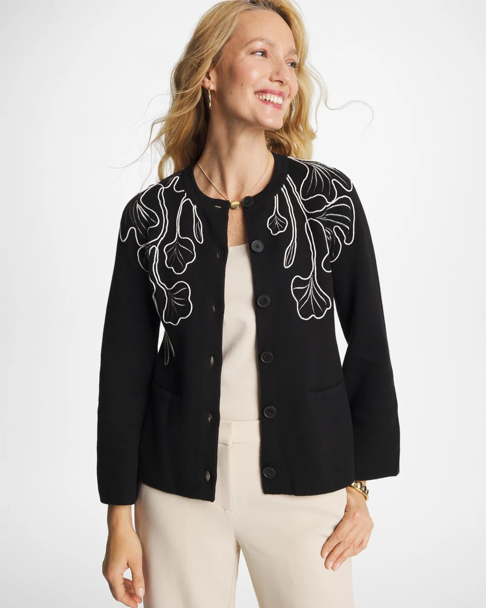 Chico's Embroidered Crewneck Cardigan Jacket