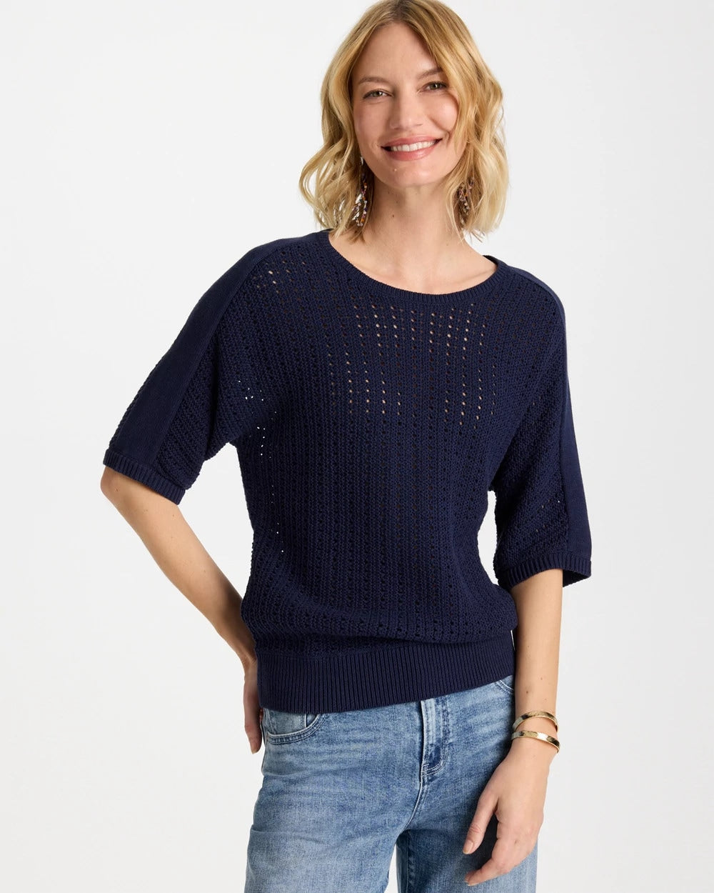 Chico's Pointelle Crewneck Pullover Sweater
