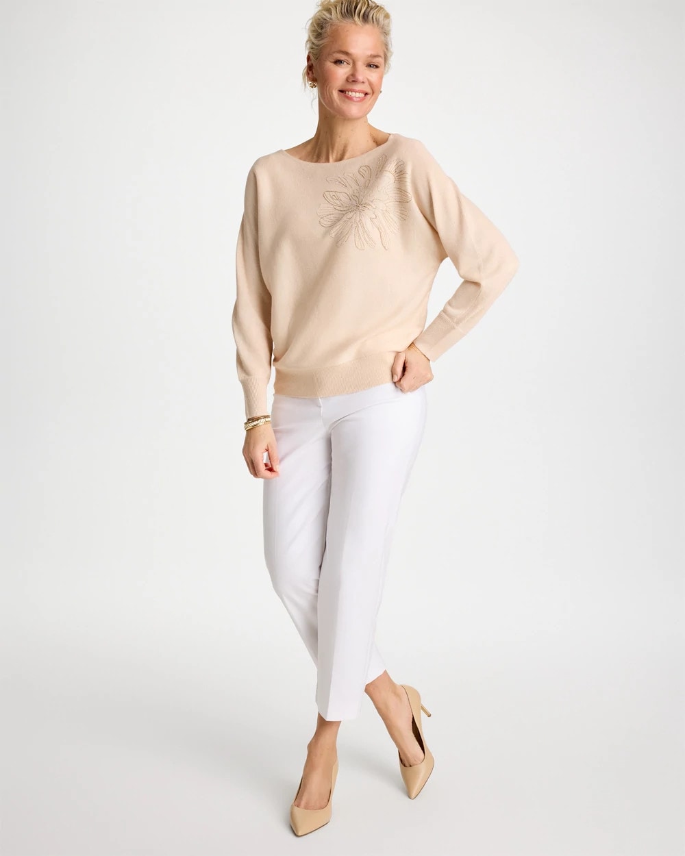 Chico's Embroidered 3/4 Sleeve Sweater