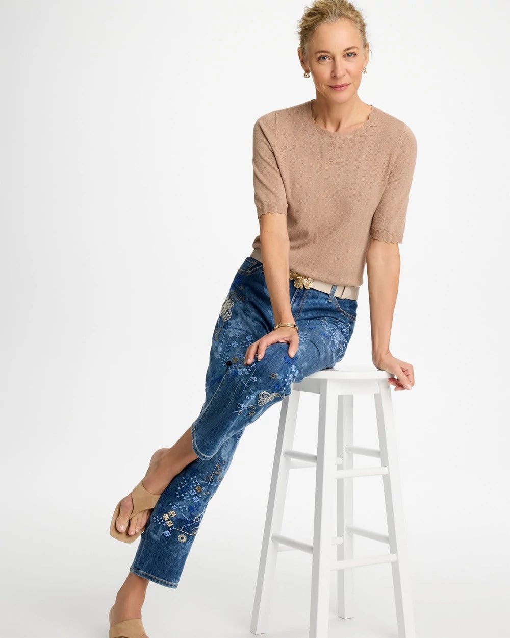 Chico's Ella Crewneck Pointelle Pullover Sweater