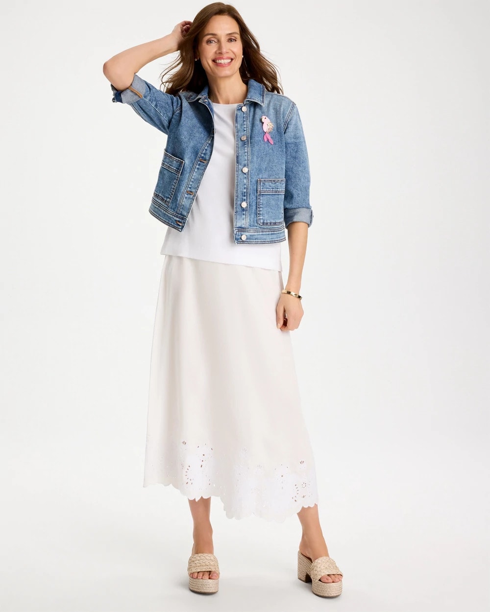 Chico's Alabaster Twill Embroidered Hem Skirt
