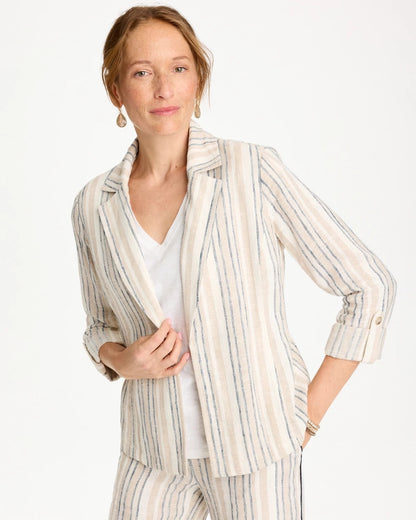 Chico's Striped Linen Roll Sleeve Blazer