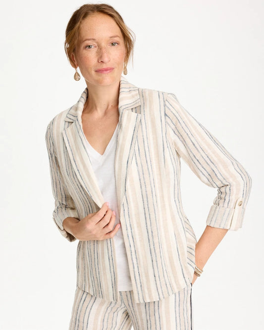 Chico's Striped Linen Roll Sleeve Blazer