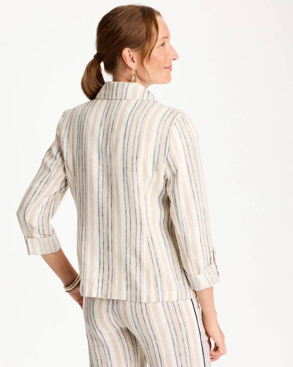 Chico's Striped Linen Roll Sleeve Blazer