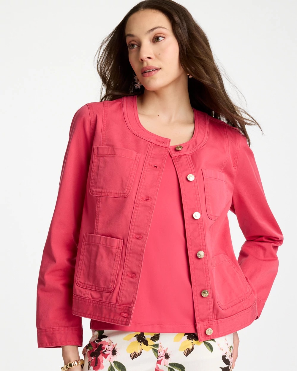 Chico's Collarless Twill Box Jacket