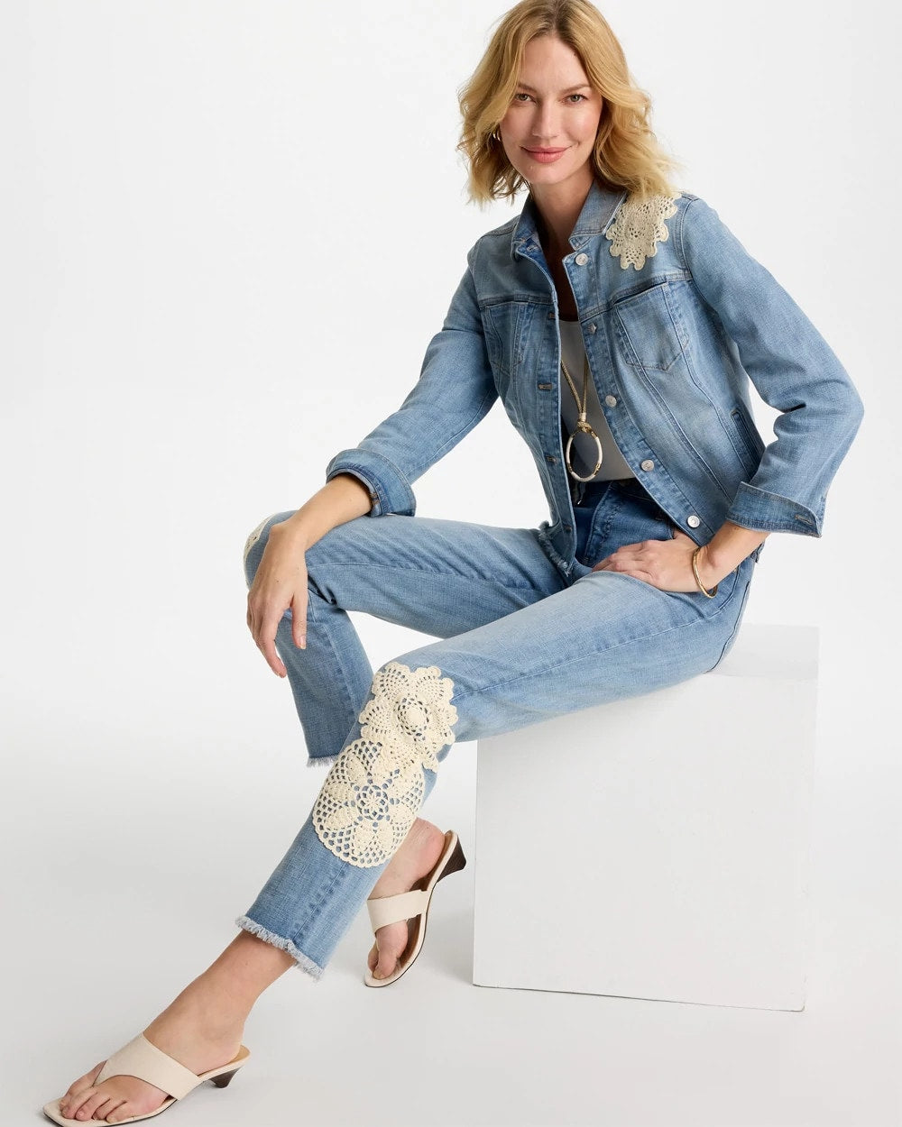 Chico's Embroidered Frayed Denim Trucker Jacket
