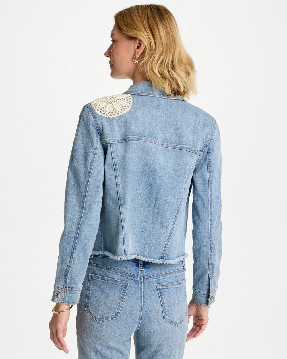 Chico's Embroidered Frayed Denim Trucker Jacket
