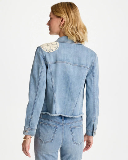 Chico's Embroidered Frayed Denim Trucker Jacket